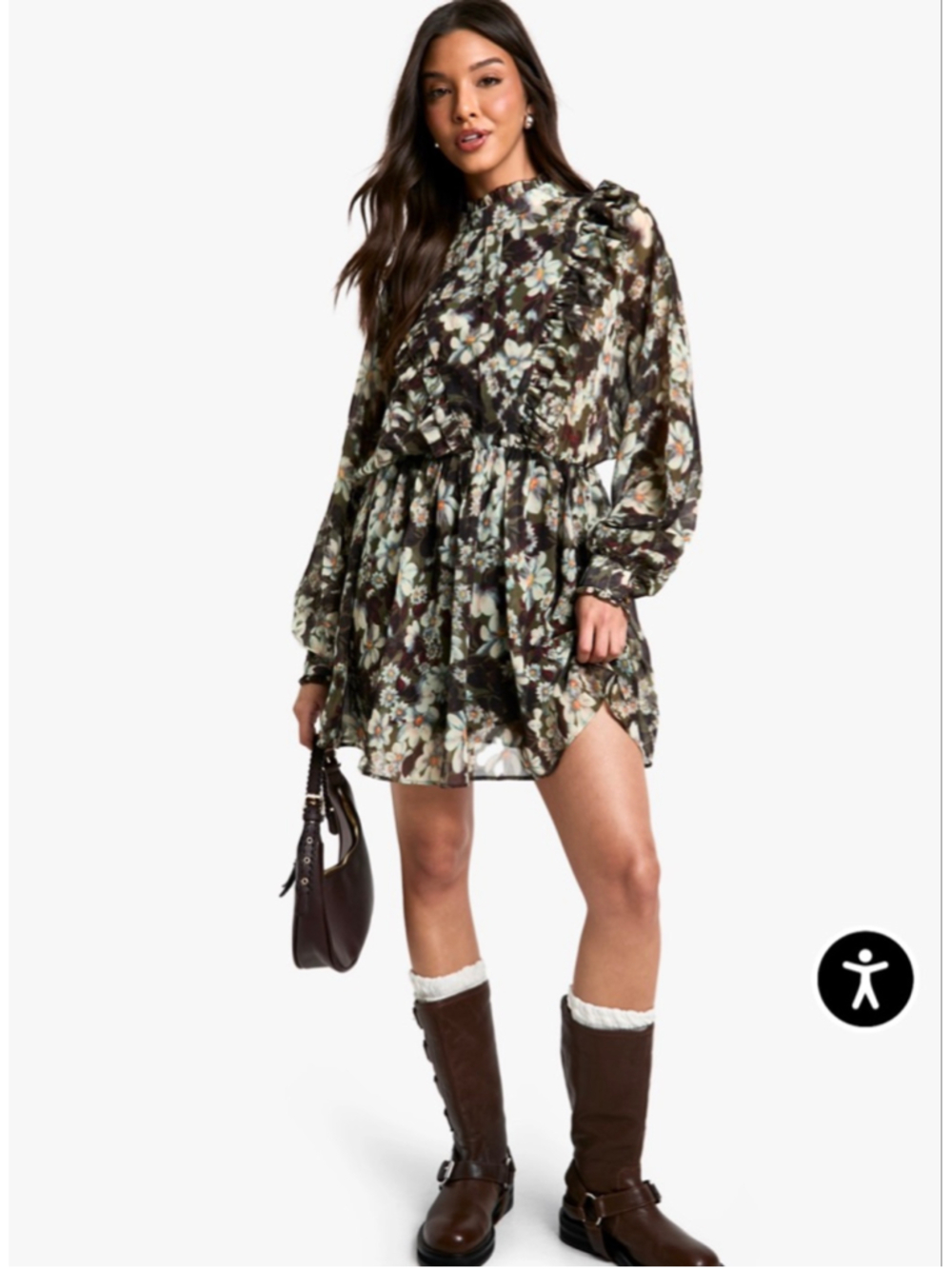 ZARA Floral Ruffle Mini Romper XS Brown White summer Bloggers Favorite Oversize - Picture 3 of 16